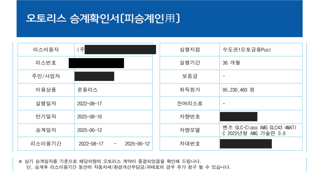 오토리스 승계확인서. 운용리스, 취득원가 95,230,460원, 만기 2025-08-16, 승계일자 2025-06-12